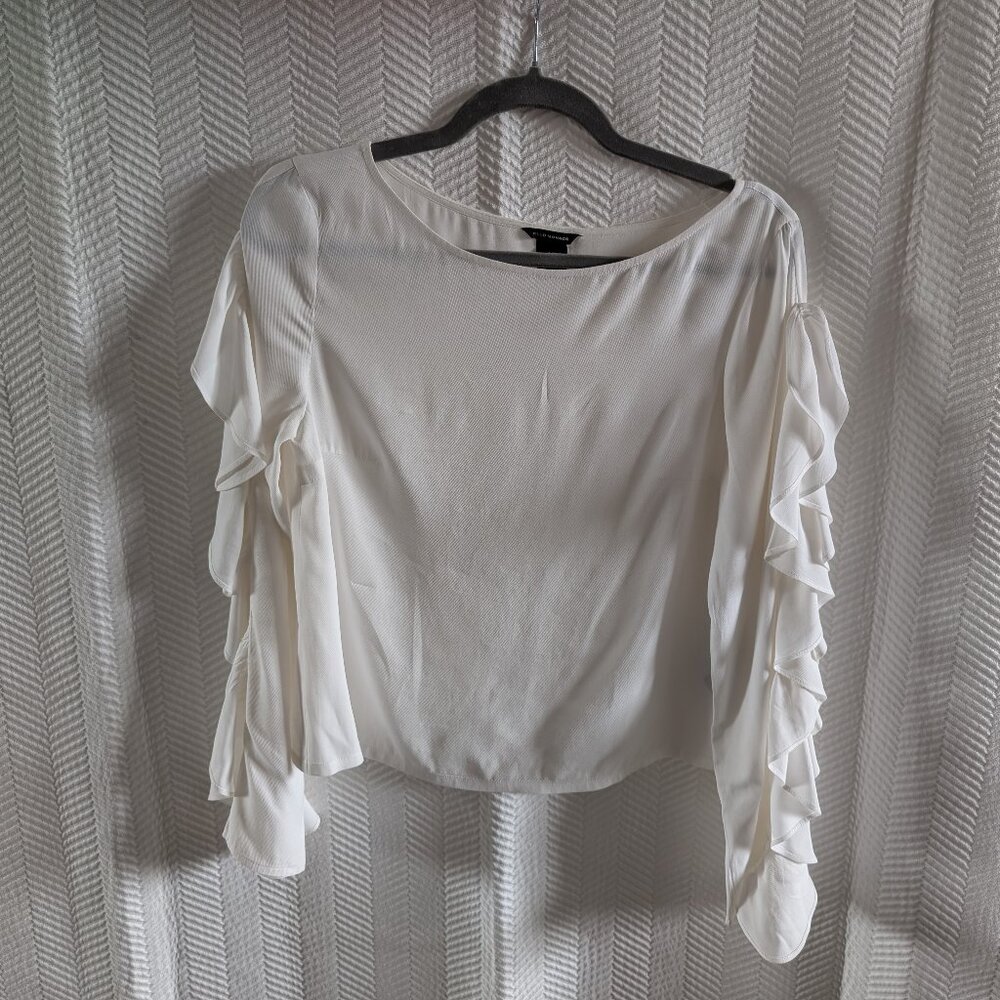 Club Monaco White Ruffle Sleeve Blouse Cutouts Small Feminine Boho Minimalist